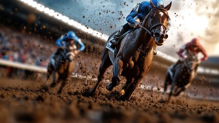 Fototapeta premium Exciting horse race captured on a dirt track, featuring jockeys in colorful uniforms as they maneuver their horses at high speed toward the finish line.