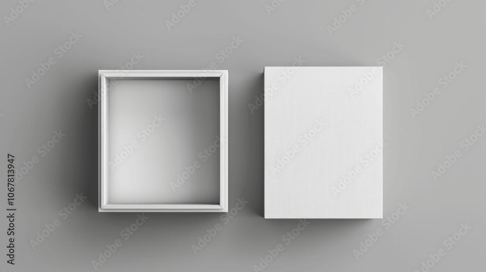 Poster white blank rectangular box mockup on gray background, open and closed, top view, 3d template for de