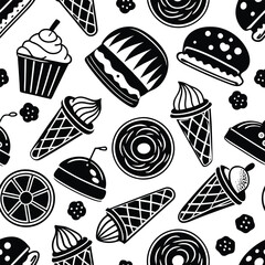 seamless pattern of delicious food on white background