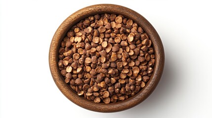 Fototapeta premium Buckwheat Groats in Wooden Bowl Top View. Generative AI