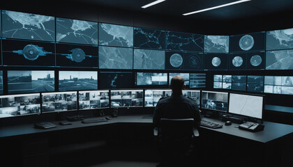 "Security Operator in CCTV Room Monitoring Multiple Screens with Live Surveillance Feeds"