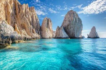 Obraz premium Imposing sea cliffs stand tall against the vibrant blue waters and sky, capturing the grandeur of nature's beauty ideal for landscape and travel themes.
