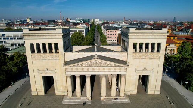 Beautiful aerial footage The Propylaea is a city gate in Munich at the west side of K&ouml;nigsplatz.
