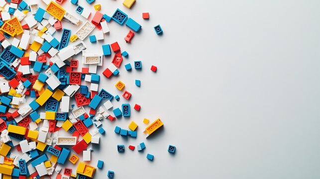 A colorful assortment of building blocks scattered on a surface.