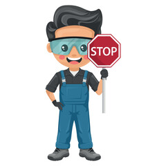 Maintenance technician with stop sign. Handyman with personal protective equipment, safety glasses, overalls and gloves, focused on maintenance, repairs in industrial and domestic environments