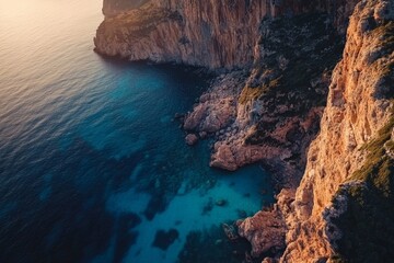 Fototapeta premium A dramatic cliff plunging into aquamarine waters during golden hour, offering profound beauty and tranquility, evoking feelings of awe, wonder, and introspection.