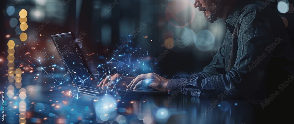Poster futuristic digital twin technology businessman in office with laptop and network connection