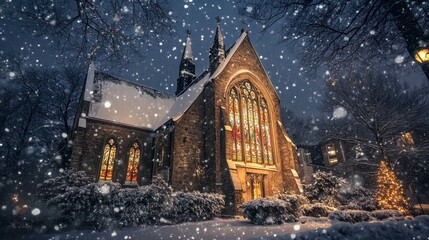 Enchanting christmas eve snowfall envelops an old church with stained glass windows