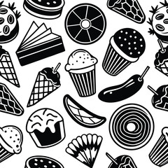 seamless pattern of delicious food on white background