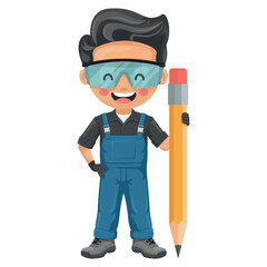Maintenance technician with giant pencil. Creative concept for project management. Handyman with personal protective equipment focused on maintenance, repairs in industrial and domestic environments