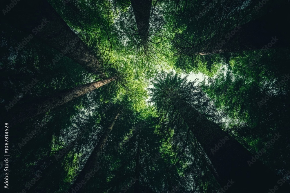 Poster vivid green foliage forming an enchanting canopy as sunlight filters through, creating a mystical at
