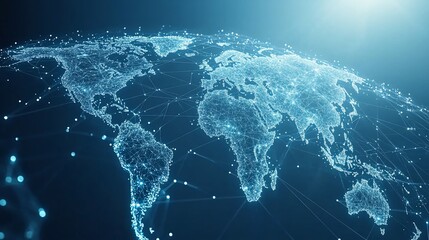 A stylized, digital representation of the Earth, depicted as a network of interconnected dots and lines, highlighting the interconnectedness and global reach of technology.
