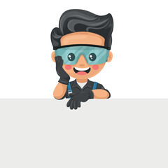 Maintenance technician. Handyman holding a banner with space for text for advertising, presentations, brochures, focused on maintenance tasks, repairs in industrial and domestic environments