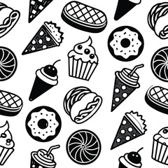 seamless pattern of delicious food on white background