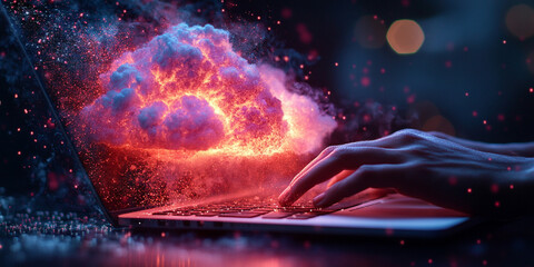person typing on a laptop, surrounded by a cloud technology interface, symbolizing digital innovation, connectivity, and the use of cloud computing for efficient business or personal tasks