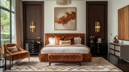 Luxurious Modern Bedroom with Brown and Gold Decor