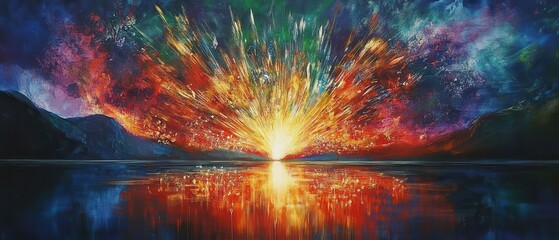 Experience the vibrant firework finale over a tranquil lake in winter's abstract display