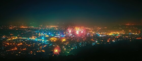 Fireworks bloom over a city lighting up the winter night with abstract patterns and free copy space