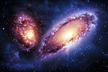 Two galaxies engage in a breathtaking cosmic dance, their luminous arms intertwining against a backdrop of stars, illustrating the dynamic nature of the universe.
