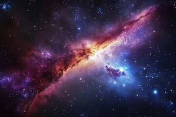 Naklejka premium A galactic bridge with bright colors connects two star regions, reflecting powerful cosmic forces. Stars glimmer against the vast, enigmatic backdrop of space.