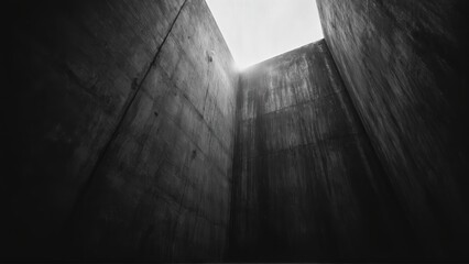 generative ai, Dark, dramatic black-and-white architectural photograph of towering concrete walls with minimal light and sharp geometric contrasts