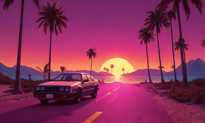 Outrun Synthwave style background with palm trees and a sunset, featuring vintage car ride on the road and neon lights