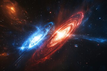 This stunning image shows two galaxies colliding in a cosmic dance, one fiery red and the other icy blue, depicting the dynamic nature of the universe.