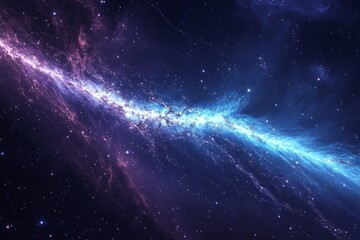 Obraz premium The image portrays a celestial blue arc of stars weaving through cosmic dust clouds, emphasizing the majestic and awe-inspiring scale of the universe.