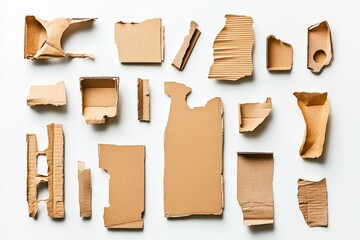 A collection of assorted ripped cardboard pieces is carefully laid out, showcasing various textures, patterns, and torn edges in an artistic arrangement.