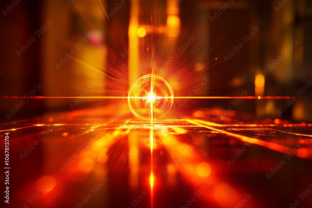 Poster a glowing sphere sits at the center of emanating light waves in a fiery scene, symbolizing energy, p