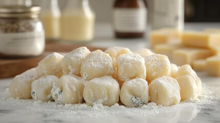 Fototapeta premium Gorgonzola-Stuffed Gnocchi on a Floured Surface. Generative AI