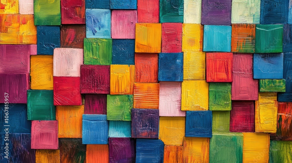 Poster Background of brightly colored wooden blocks stacked in varied heights, creating depth and a joyful pattern