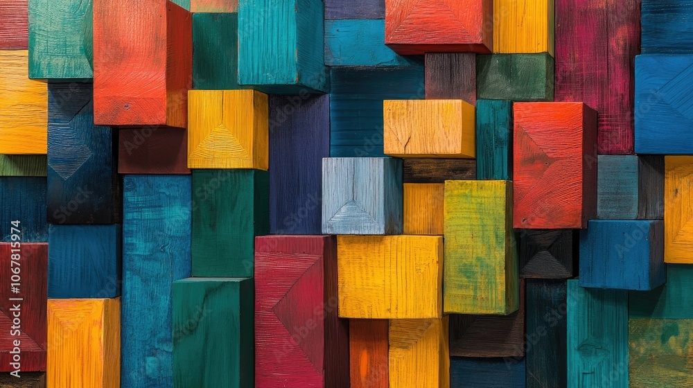 Poster background of brightly colored wooden blocks stacked in varied heights, creating depth and a joyful 