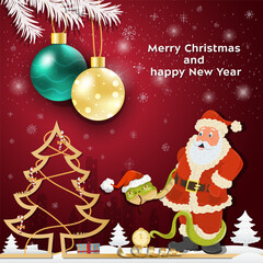 Christmas and New Year greetings Christmas balls hang on tree branches a snake wraps around Santa Claus