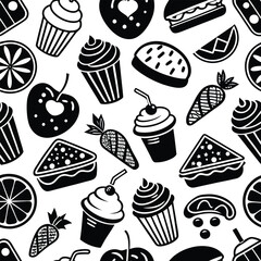 seamless pattern of delicious food on white background