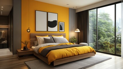 Modern bedroom with yellow bedding and large windows overlooking greenery