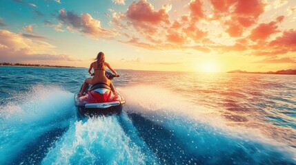 Jetski in water. Summer tropical sports.