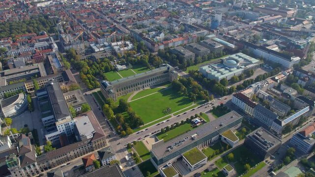 Beautiful aerial footage The Propylaea is a city gate in Munich at the west side of K&ouml;nigsplatz.