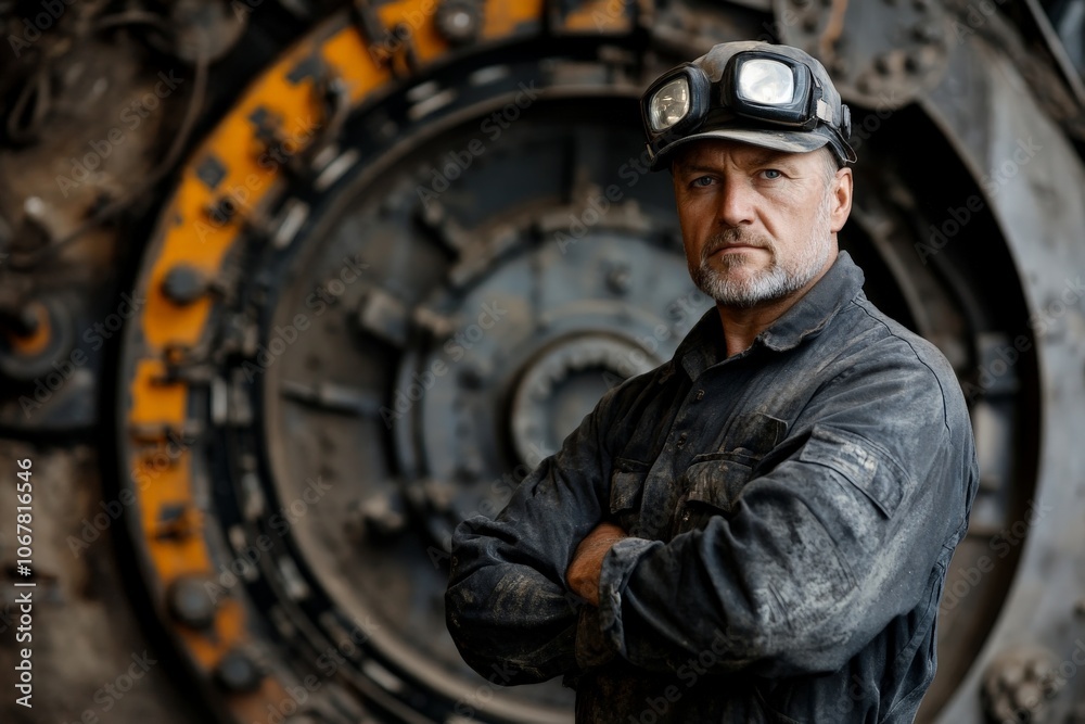 Poster an engineer in a helmet stands firmly with a serious expression, set against the backdrop of intrica