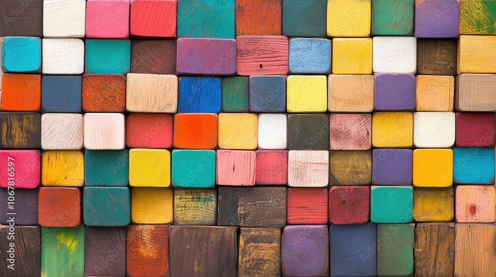 Poster colorful arrangement of wooden blocks forming a grid, with each block in a different bright color, e