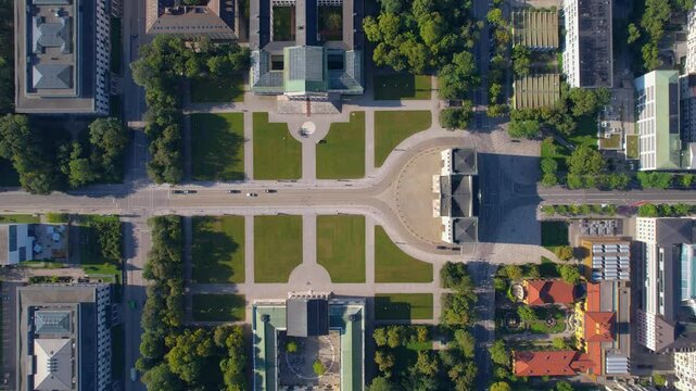 Beautiful aerial footage The Propylaea is a city gate in Munich at the west side of K&ouml;nigsplatz.