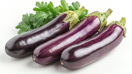Fresh Purple Eggplants on White Background. Generative AI