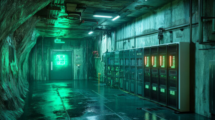 Subterranean Bunker Server Room: Quantum-Resistant Green Neon