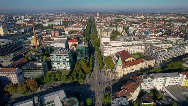 Beautiful aerial footage The Propylaea is a city gate in Munich at the west side of K&ouml;nigsplatz.
