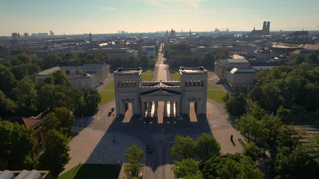 Beautiful aerial footage The Propylaea is a city gate in Munich at the west side of K&ouml;nigsplatz.