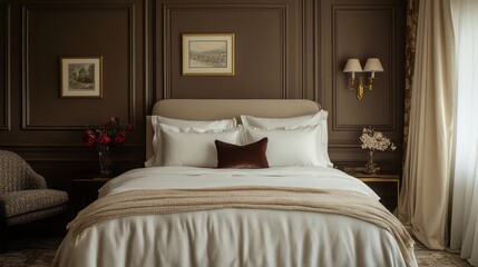 Luxurious Bedroom with White Bedding, Brown Walls, and Gold Accents
