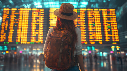 woman in an airport terminal gazes at flight departure boards, reflecting feelings of anticipation, travel decisions, and journey planning amidst a busy, modern travel setting