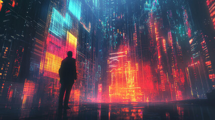 Cyberpunk Cityscape: Digital Art, Quantum Finance, Neon Glow, Futuristic Architecture, Binary Code