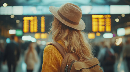 woman in an airport terminal gazes at flight departure boards, reflecting feelings of anticipation, travel decisions, and journey planning amidst a busy, modern travel setting