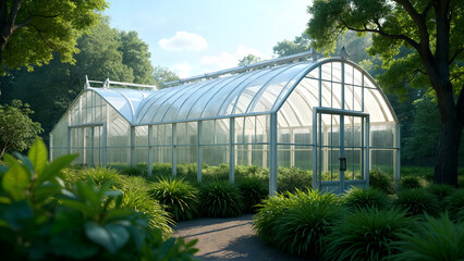 Obraz premium A Fascinating Greenhouse Constructed from Luminescent Foil with Large Arches Captured from a Low Angle Emphasizing Glossy Surfaces